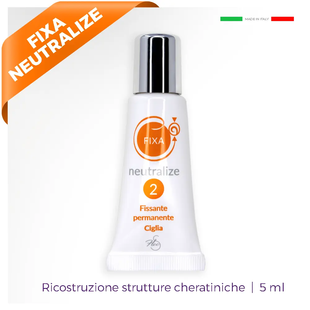 Fissante Ciglia Laminazione Tubetto cosmetico bianco tappo oro in piedi con scritta arancione Fixa