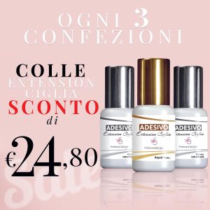 immagine 3 flaconi di Colle Extension Ciglia con scritta sconto e fondo grigio