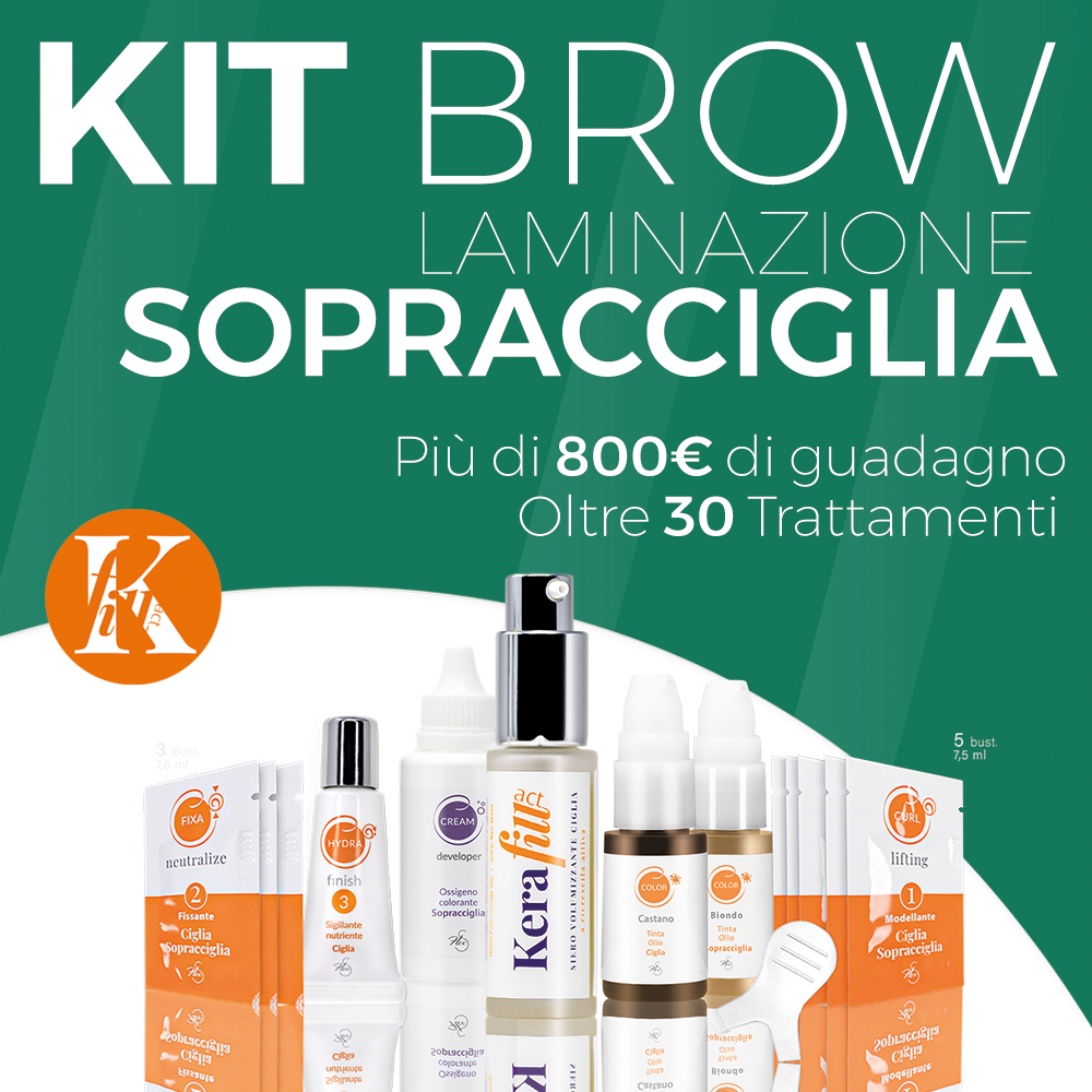 kit-laminazione-sopracciglia-brow immagine con KIT completo prodotti sopracciglia con testata verde e scritta KIT Brow