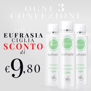immagine 3 flaconi di Aqua Eufrasia Micellare Ciglia con scritta sconto e fondo grigio