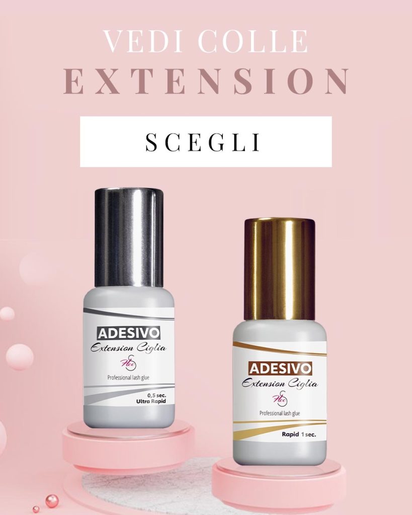 foto di 2 confezioni colle di extension ciglia su appoggio rosa e scritta con pulsante