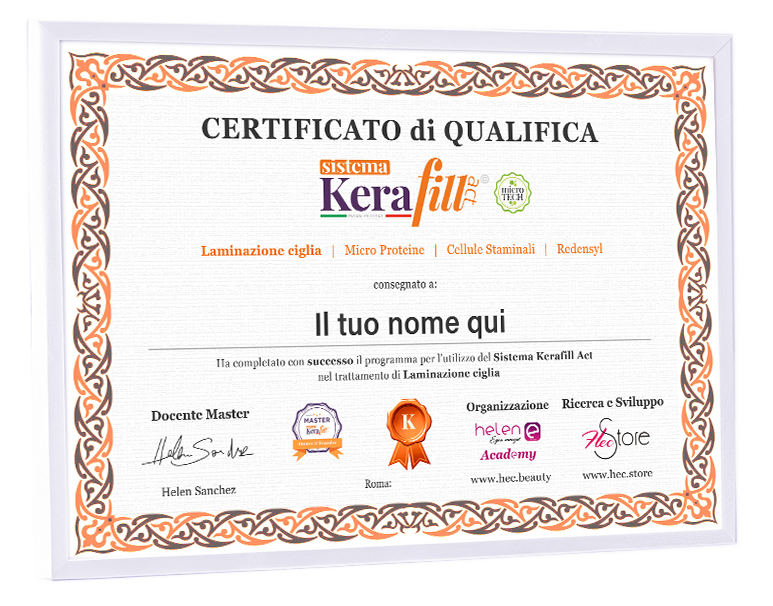 certificato con cornice e scritta kerafill