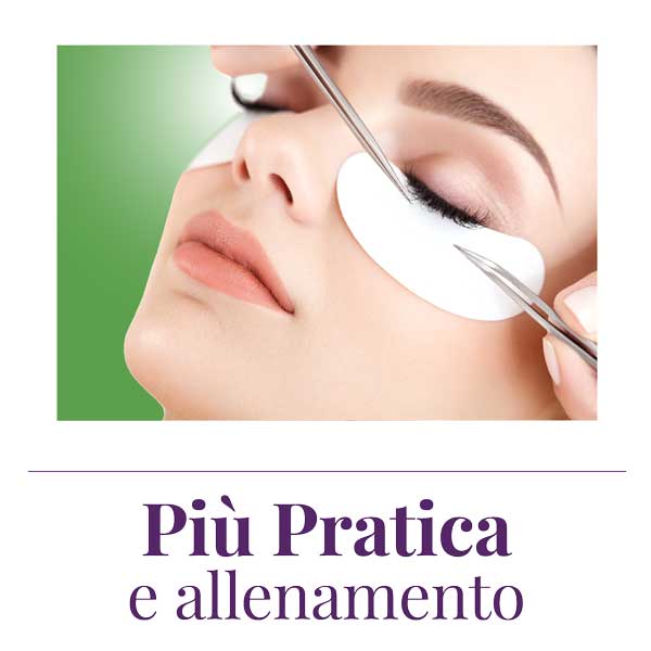 primo piano viso con mani e pinzette che applicano extension ciglia