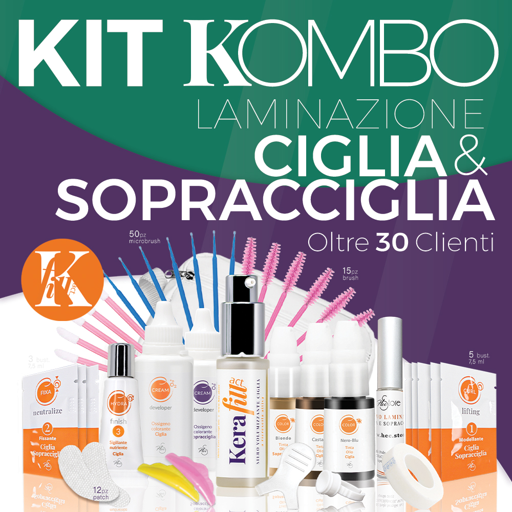 prodotti cosmetici in piedi fondo verde e viola con scritta KIT Kombo