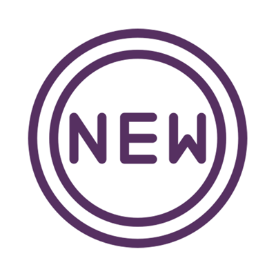 icona rotonda stilizzata viola con scrittaa new