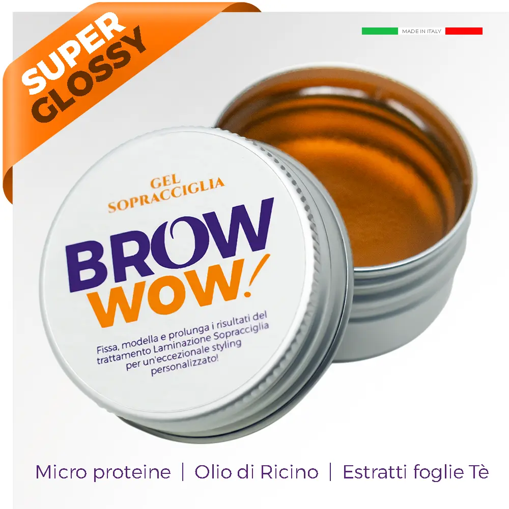 Brow Wow! Gel Sopracciglia contenitore color argento cosmetico rotondo con tappo aperto e scritta Super Glossy