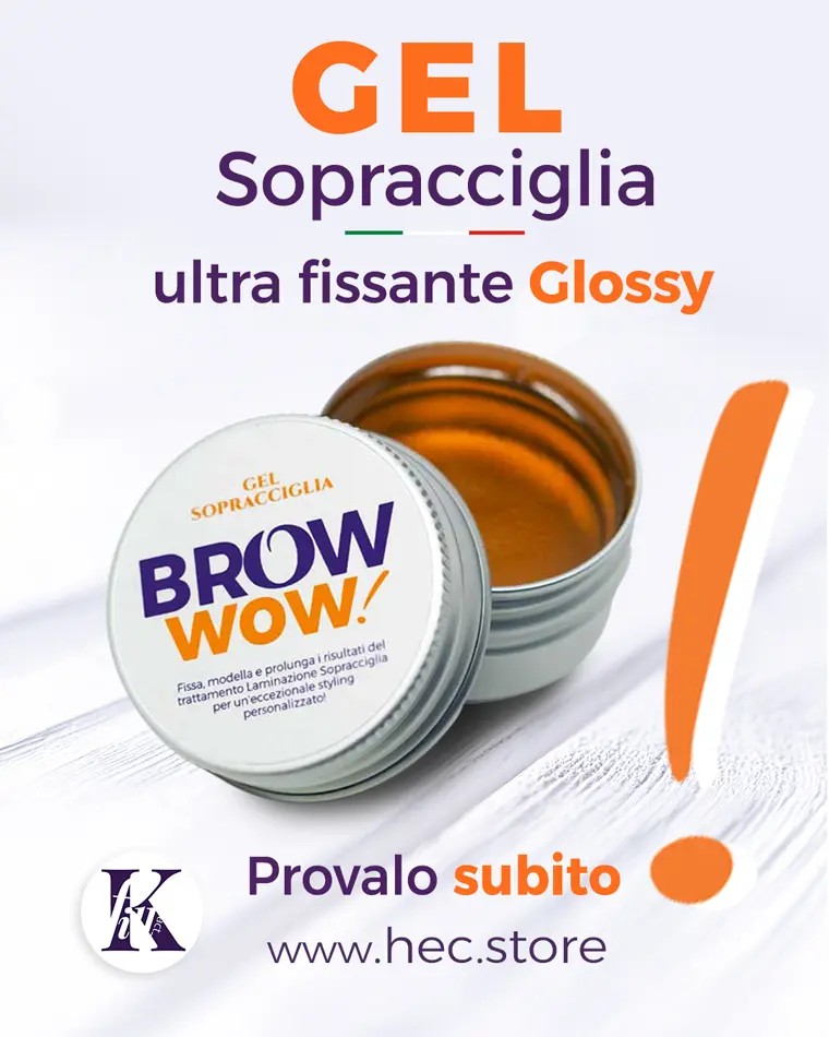 Brow wow gel sopracciglia made in italy vasetto aperto grigio con coperchio su tavolo legno bianco e scritta gel sopracciglia