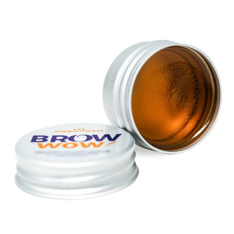Brow-wow-gel-sopracciglia-vasetto-aperto vasetto color argento alluminio rotondo basso in piedi cosmetico con tappo aperto