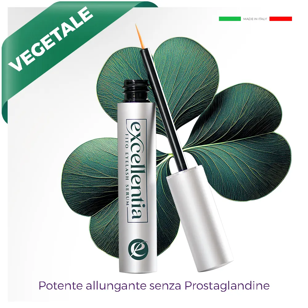 Contenitore cosmetico argento siero con tappo di lato e trifoglio verde dietro