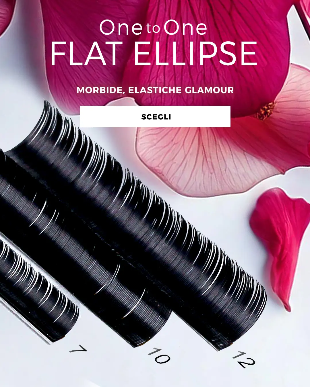 tre strisce di ciglia finte oblique su fondo di petali rosa