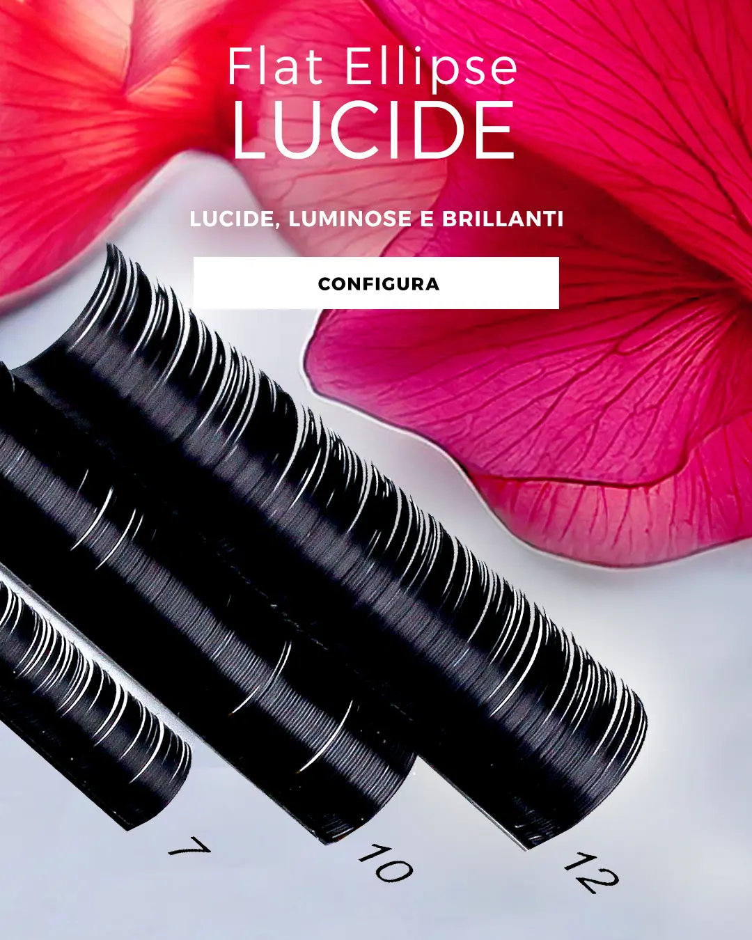 dettaglio di 3 strisce di ciglia per extension oblique con titolo ciglia flat ellipse lucide
