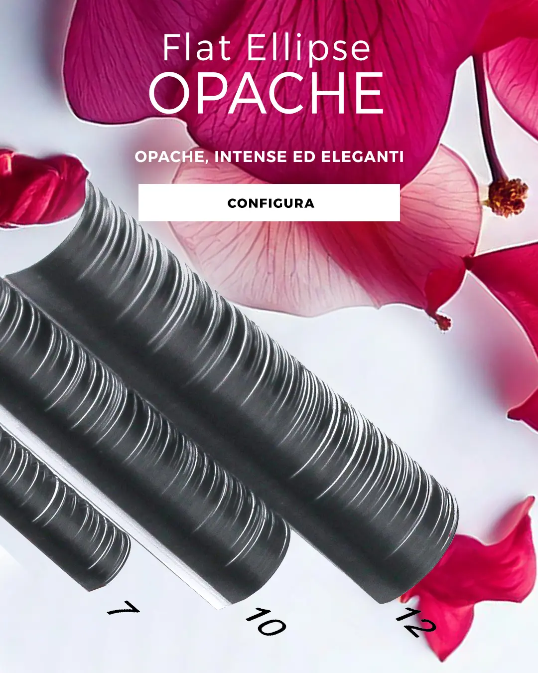 dettaglio di 3 strisce di ciglia per extension oblique con titolo ciglia flat ellipse opache