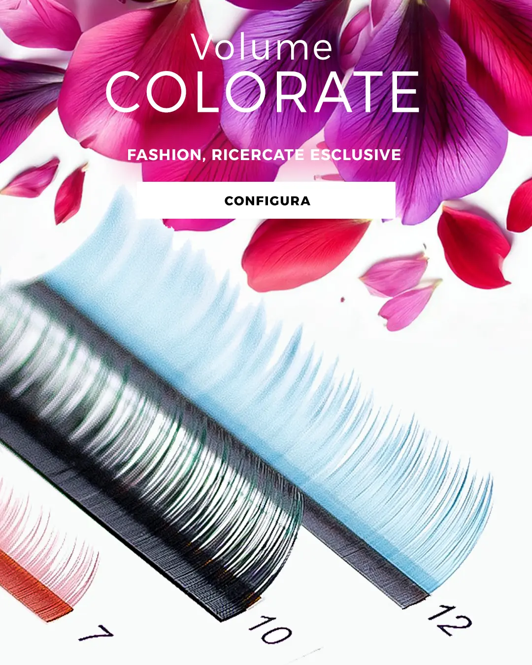 foto di tre strisce di ciglia volume colorate sdraiate su fondo rosa