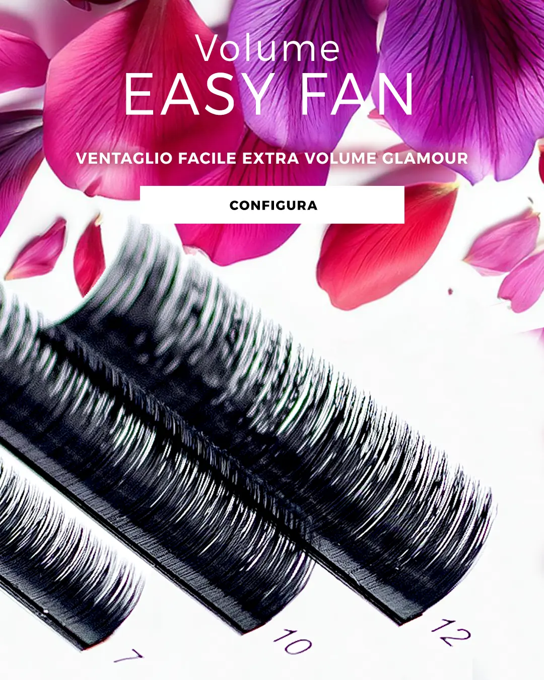 dettaglio di 3 strisce di ciglia per extension volume oblique con titolo ciglia volume easy fan