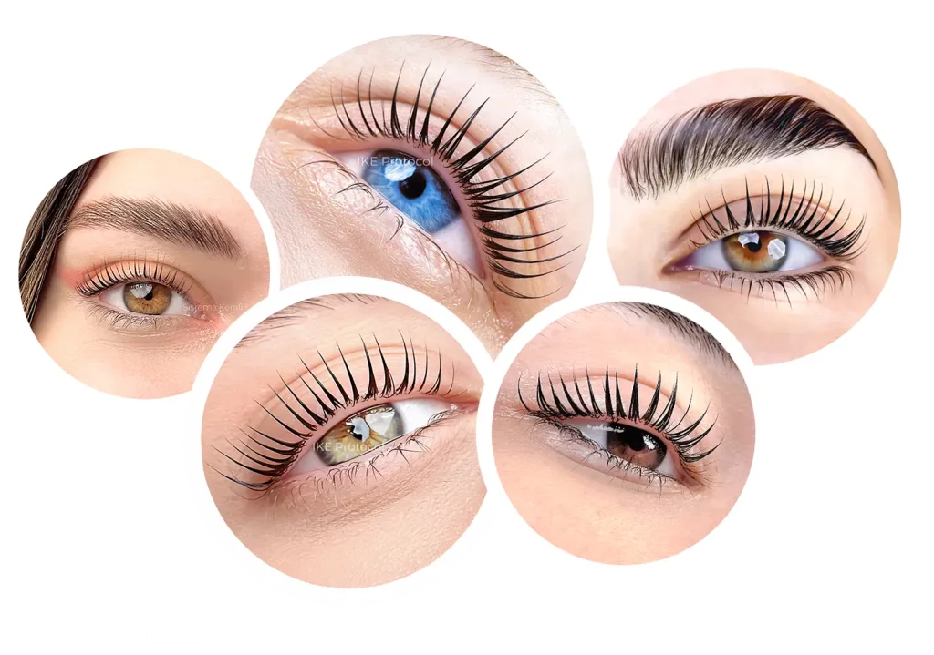 5 cerchi bianchi con foto di ciglia in ciascuno