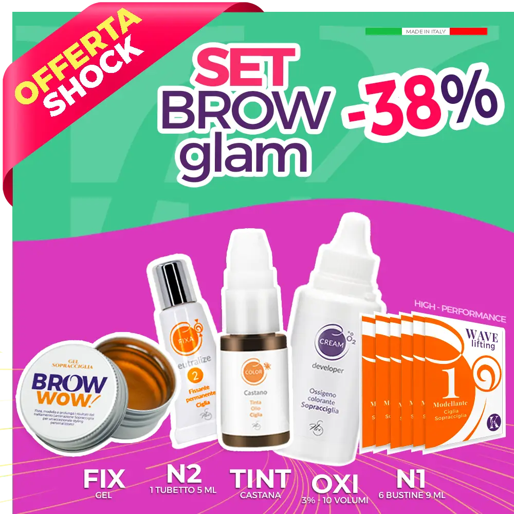 Set Brow Glam laminazione sopracciglia cinque prodotti cosmetici in piedi con fondo verde e llla con scritta -26%