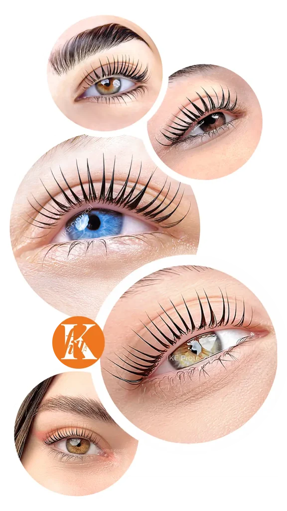 5 cerchi bianchi in verticale con foto di ciglia in ciascuno