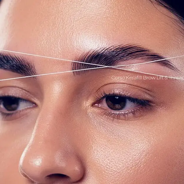 Viso donna con occhi primo piano e filo arabo sopra bianco