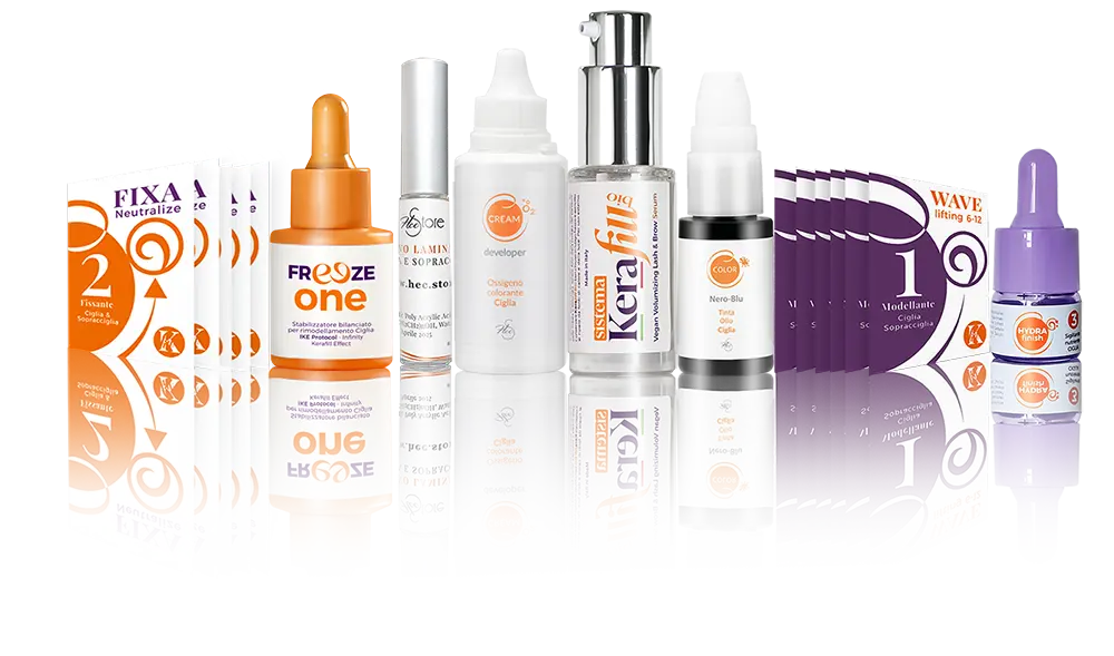 prodotti cosmetici in piedi uno fianco all'altro con riflesso