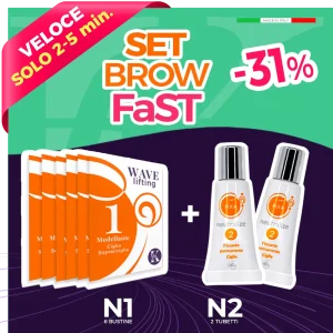 scritta rossa con 2 prodotti cosmetici in rilievo su fondo verde viola